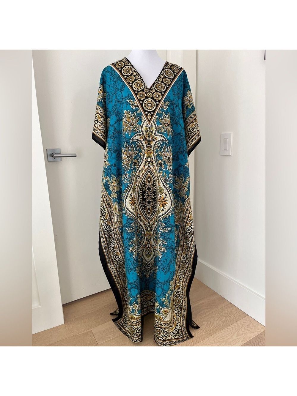 CAFTAN Maxi Dress V Neck Batwing Short Sleeve Adjustable Waist Boho Resortwear